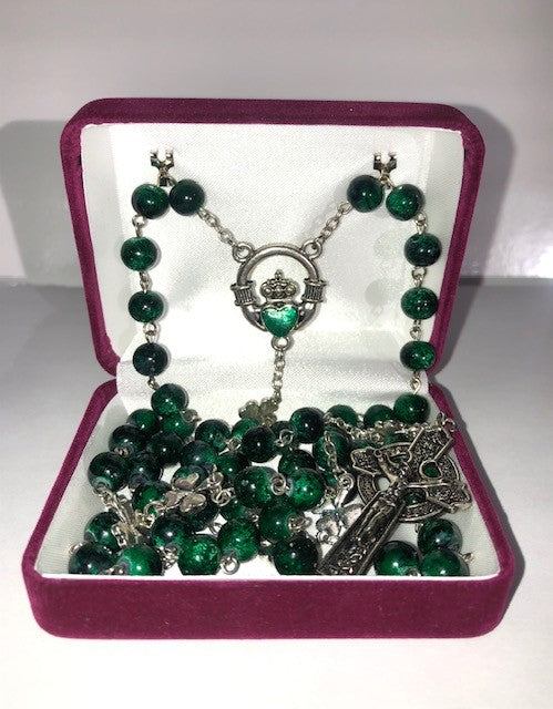 Beautiful Green and Gold store Celtic St. Patrick Rosary With Moss Agate, Gold Filigree Beads, and Shamrock Crucifix and Centerpiece